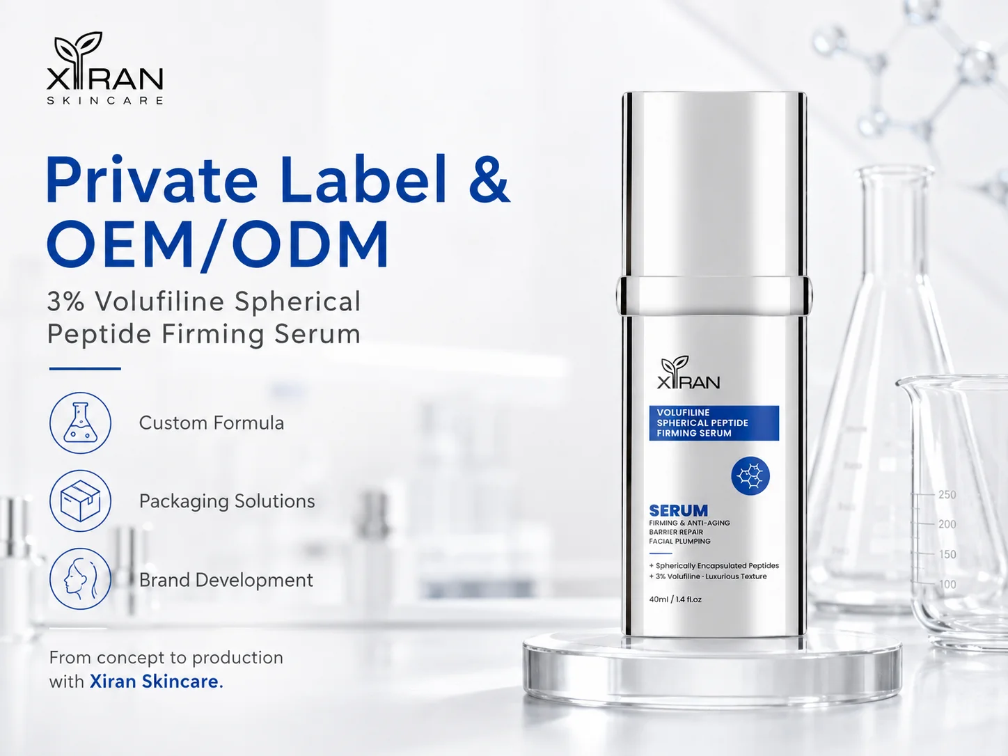 Xiran Skincare's 3% Volufiline spherical peptide firming serum displayed on a modern backdrop with accompanying OEM/ODM branding services like custom formula, packaging solutions, and brand development.